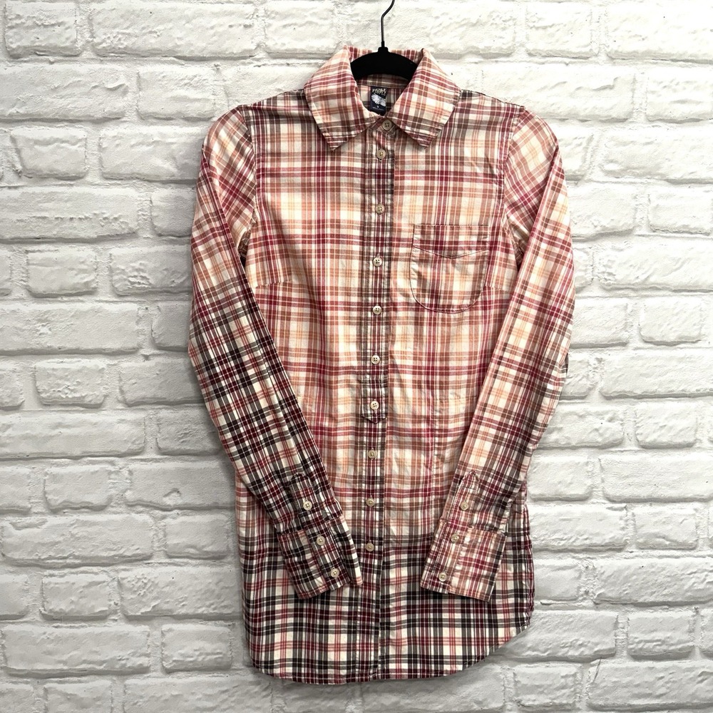 Free People Sz 0 Long Plaid Tunic Top Country Chic Button‎ Smocked Shirt Dress